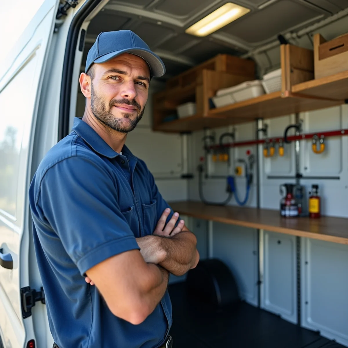 Side profile of clean service van with organized brass fittings and drain cleaning equipment