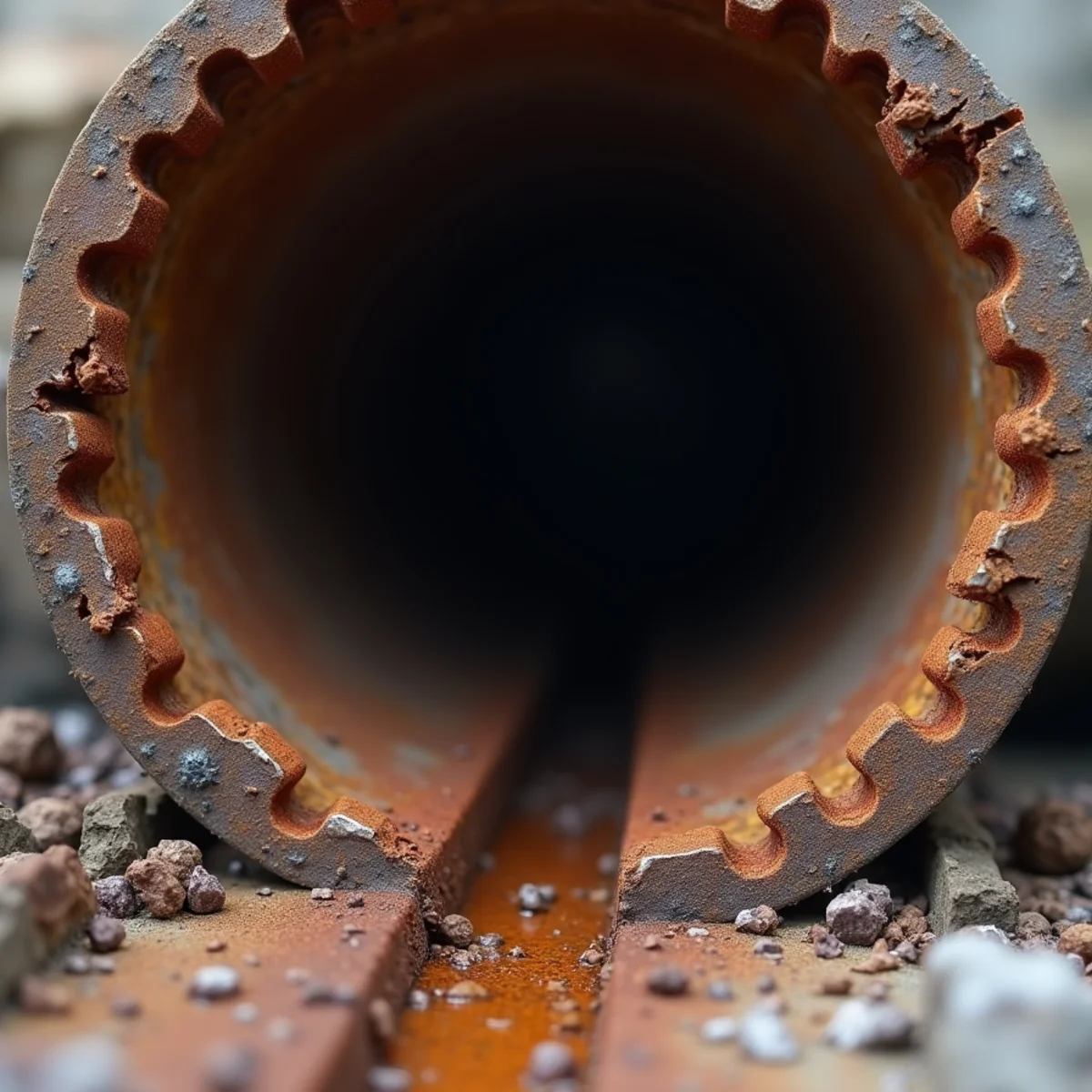 Cross section of old cast iron sewer pipe rusted through bottom invert with scale