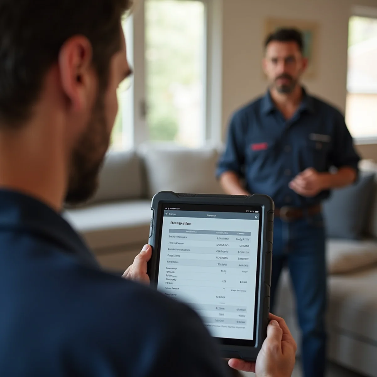 Licensed plumber presenting transparent itemized digital estimate on tablet to homeowner