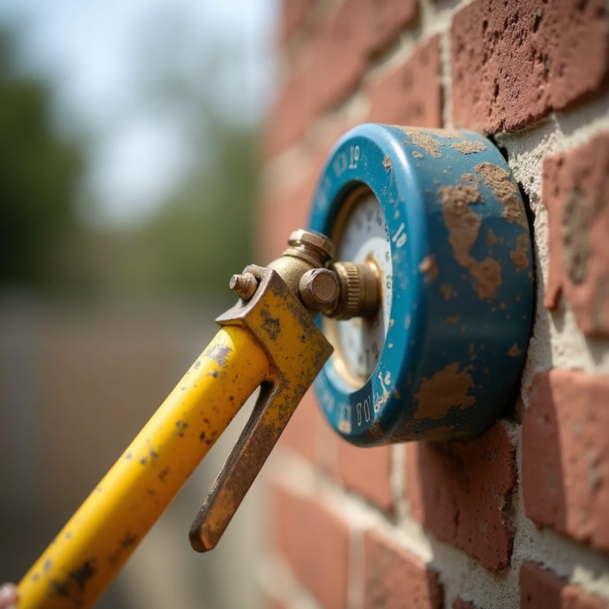 Emergency yellow gas shutoff wrench on outdoor residential natural gas meter attached to brick wall