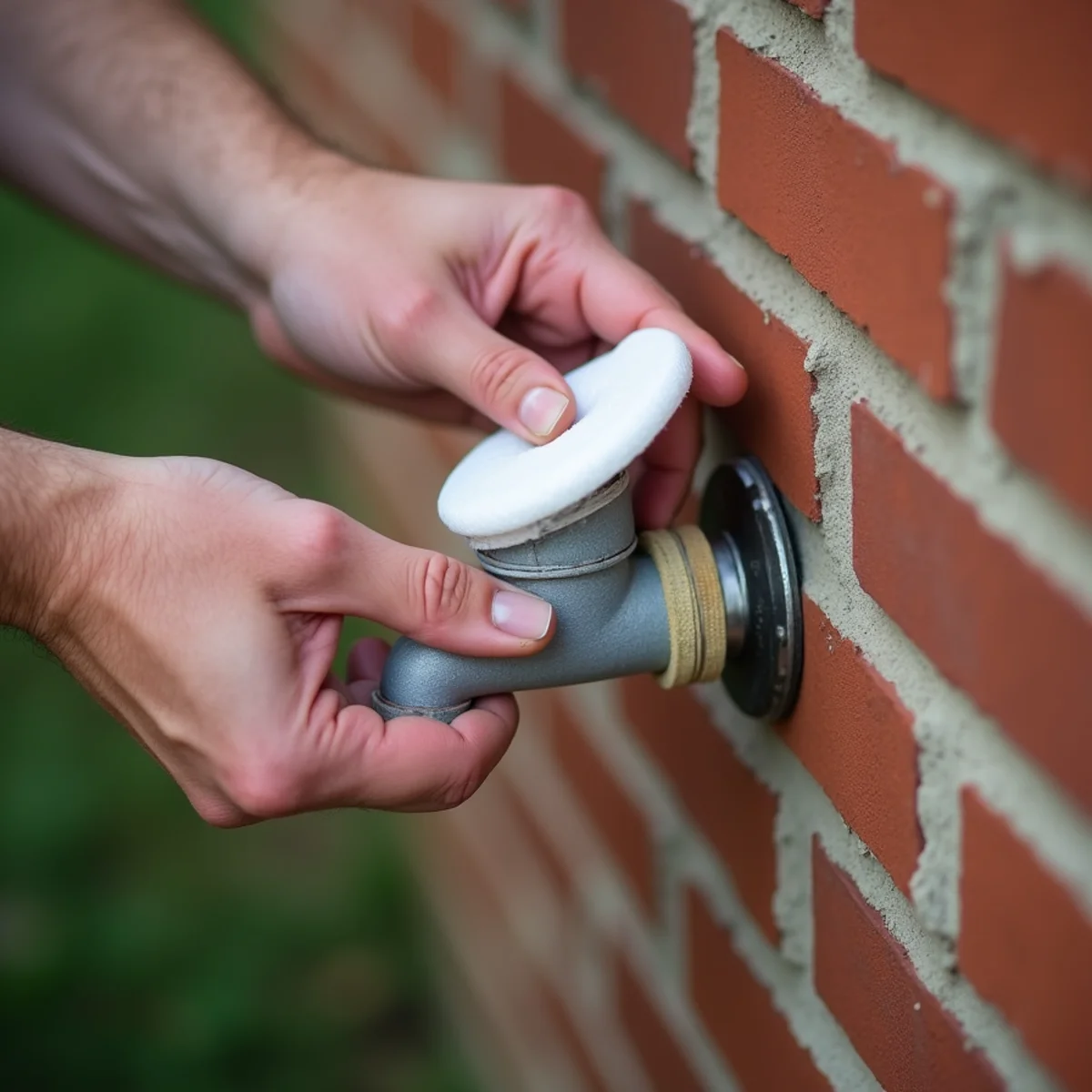 Securing insulated foam cover tightly over exterior hose bib spigot against brick wall