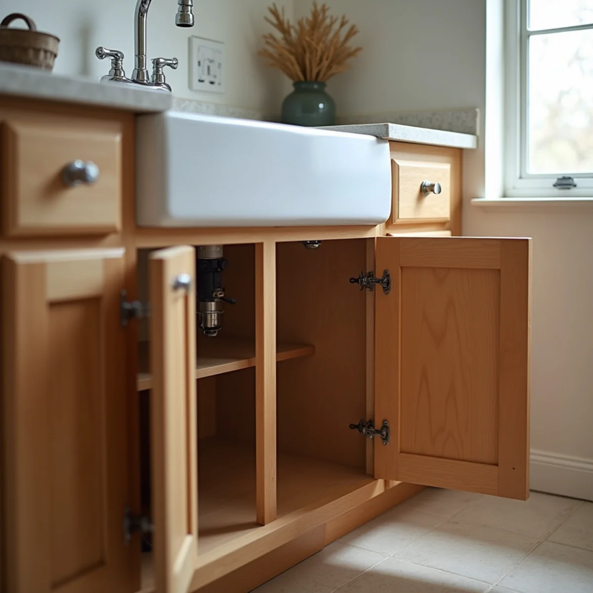 Kitchen sink cabinet doors opened wide allowing warm room heat around supply pipes