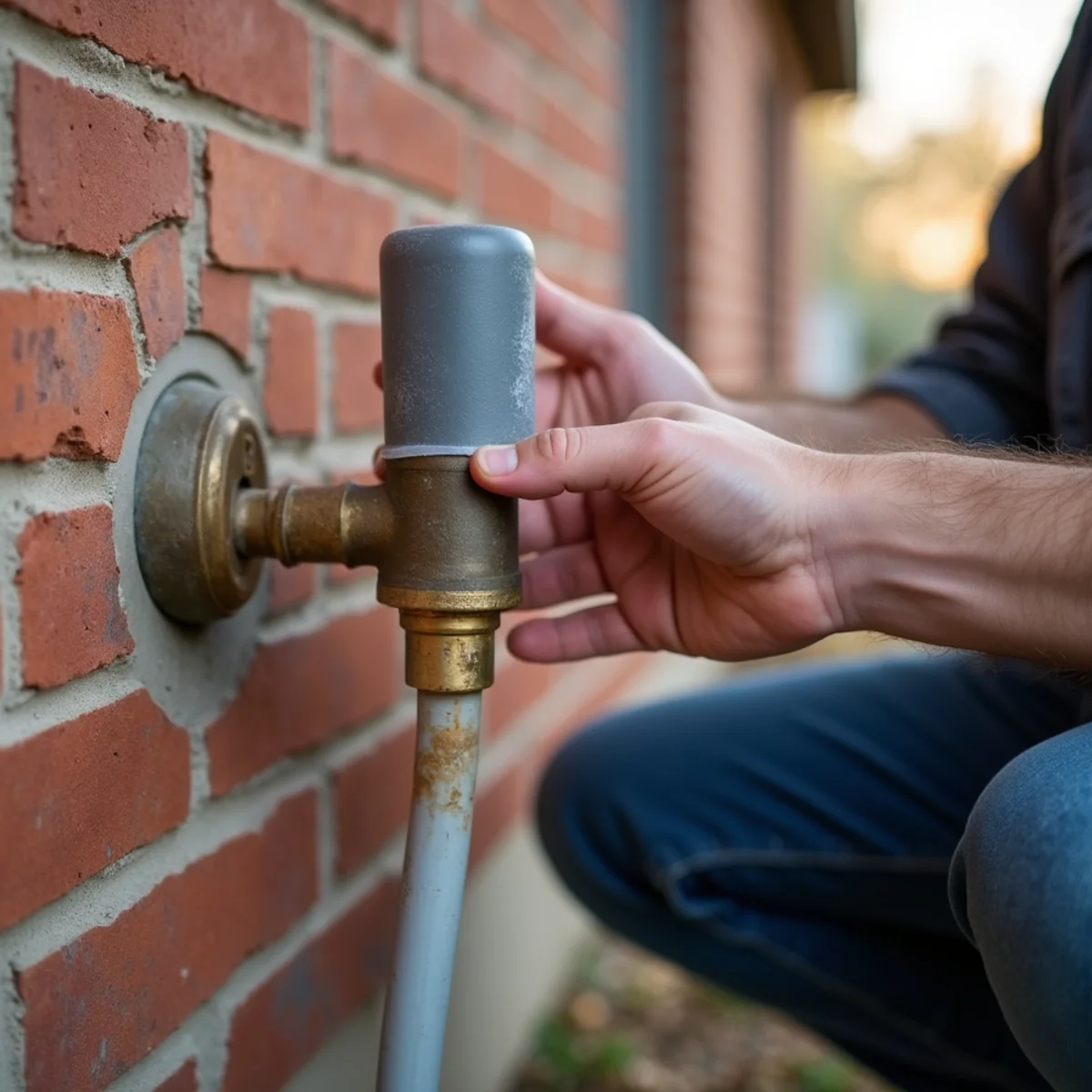 Homeowner installing insulated foam faucet cover over exterior hose bib spigot