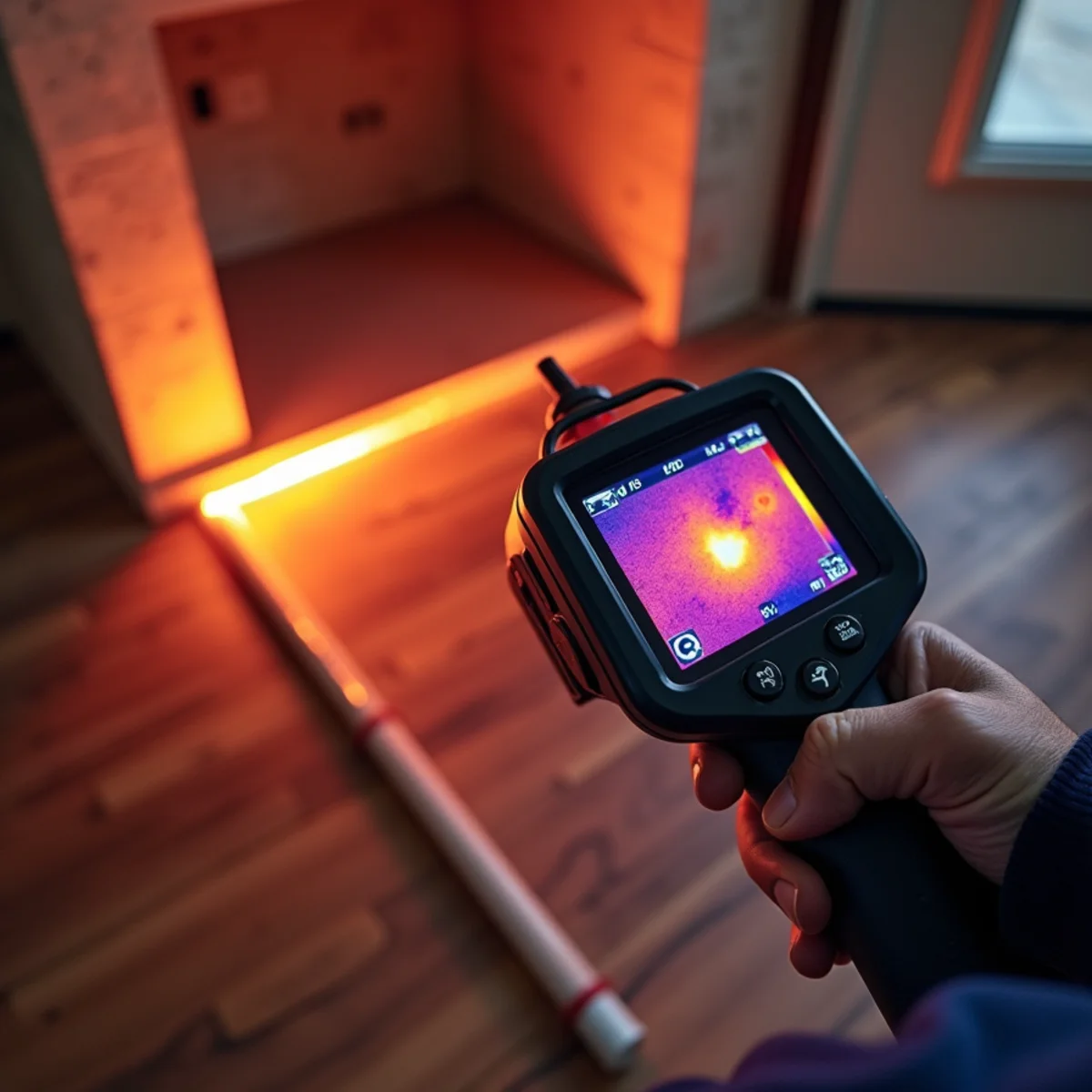 Infrared thermal imaging camera displaying hot water leak glowing under slab foundation