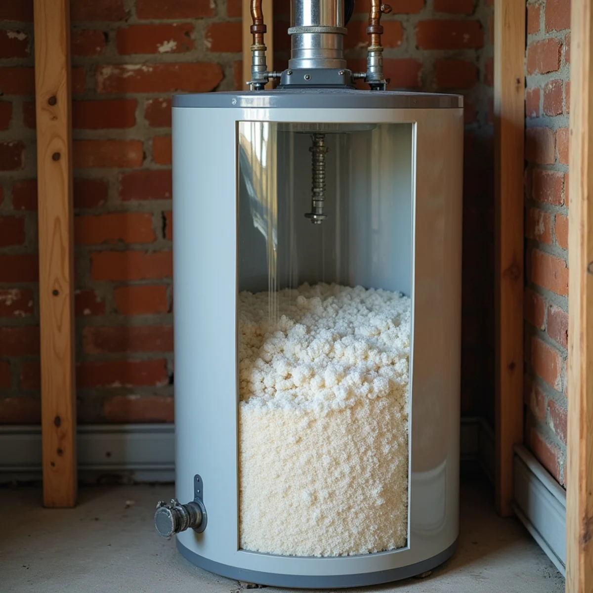 Cutaway showing calcium sediment accumulation at bottom of conventional water heater
