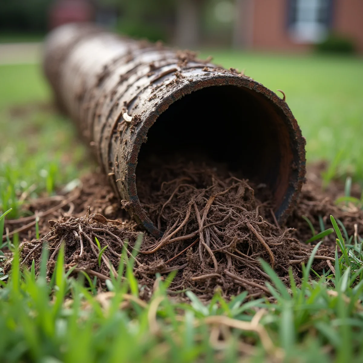 Dense tree root mass shaped like four-inch pipe extracted from sewer line