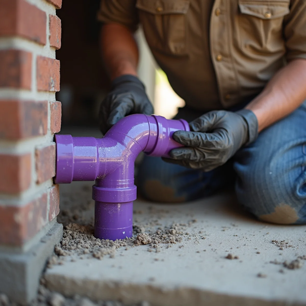 Plumber solvent-welding Schedule 40 PVC sewer pipe creating watertight joint