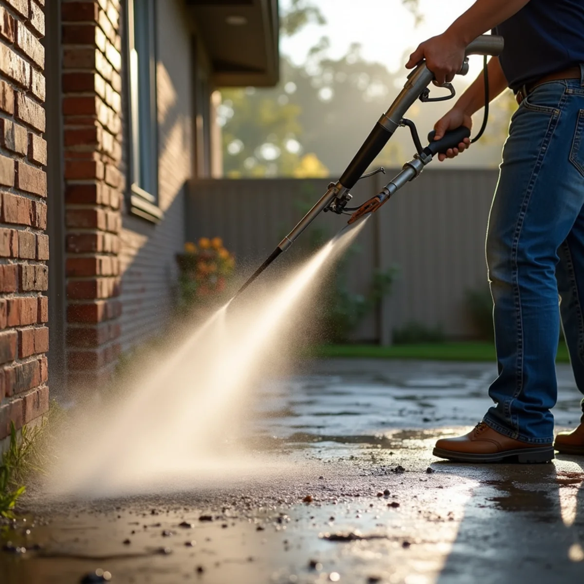 High-pressure hydro-jetting hose with reverse-thruster nozzle clearing exterior sewer lateral cleanout