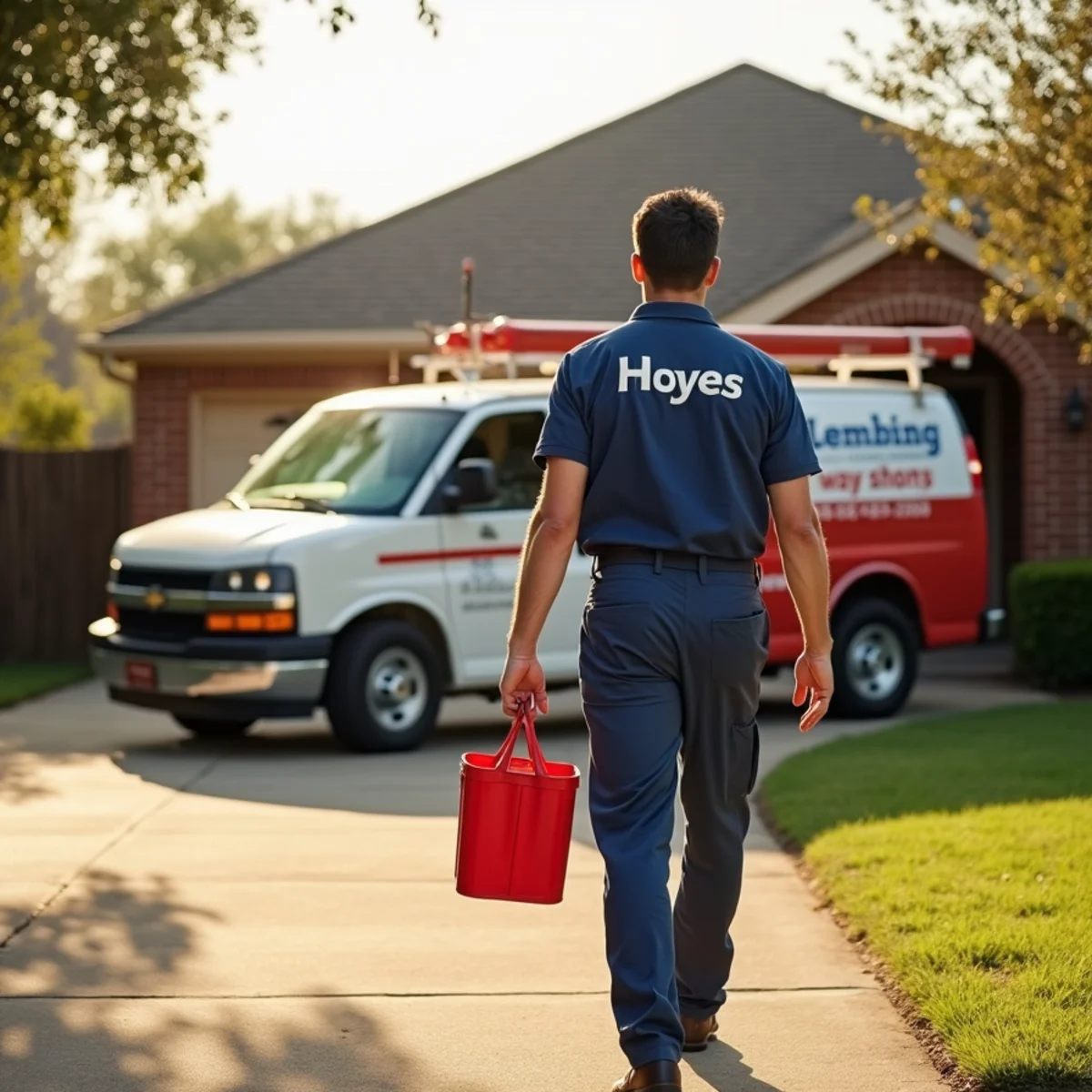 Plumbing service vehicle parked at residential brick home in DeSoto Texas