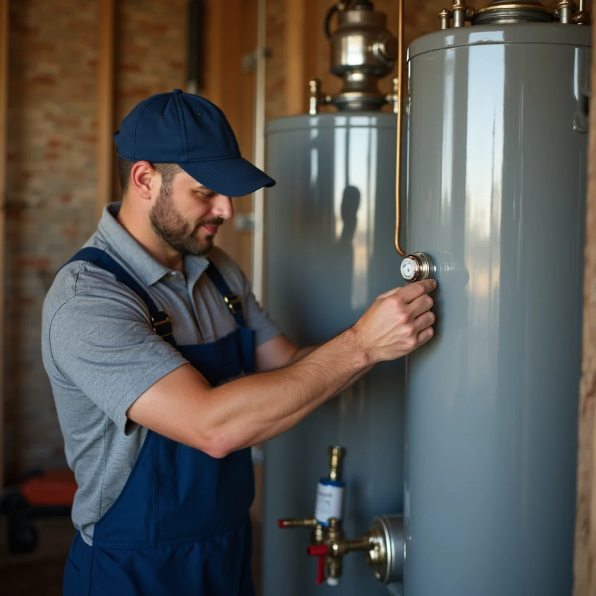 Plumbing technician adjusting temperature dial on gas water heater in suburban garage in Glenn Heights