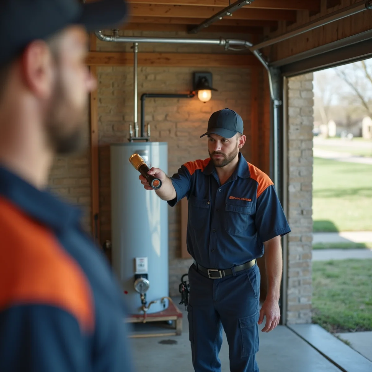 Plumber standing in clean garage of Glenn Heights Texas tract home inspecting water heater valve