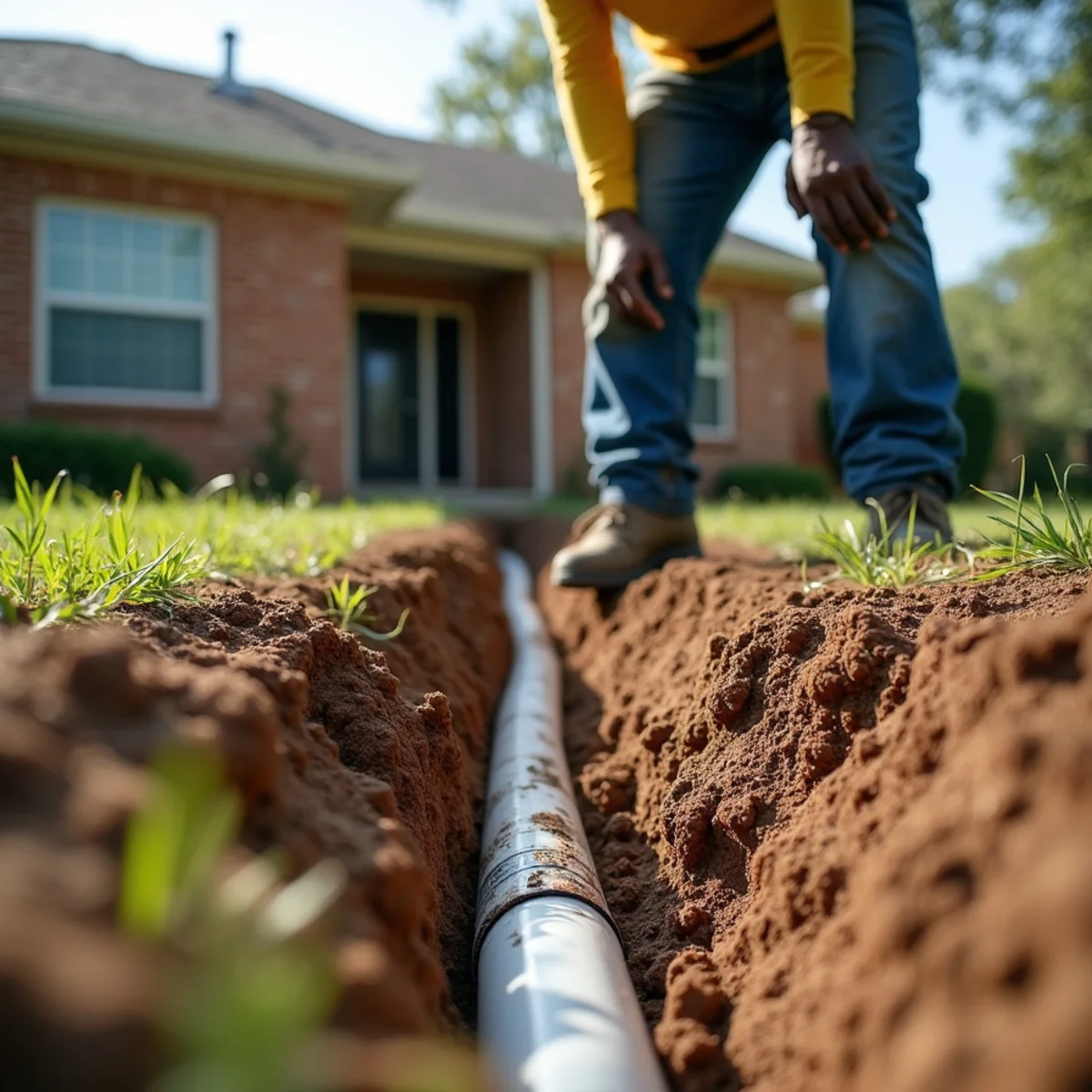 Targeted excavation trench in Lancaster lawn revealing transition from cast iron pipe to Schedule 40 PVC
