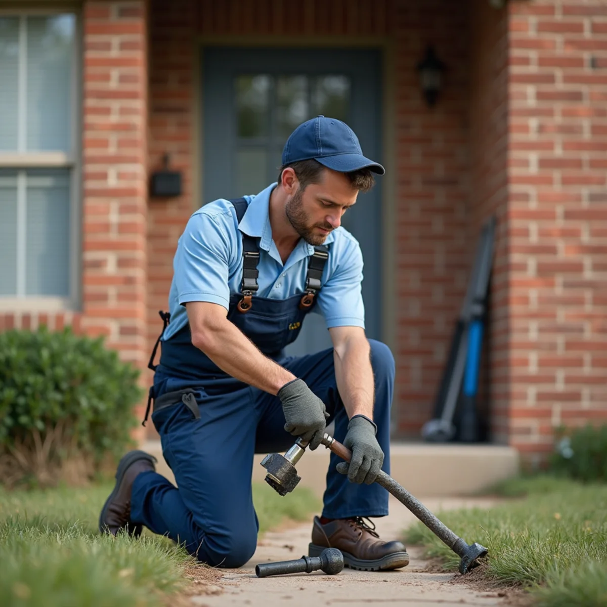 Licensed plumber working near older historic brick home in Lancaster Texas near town square