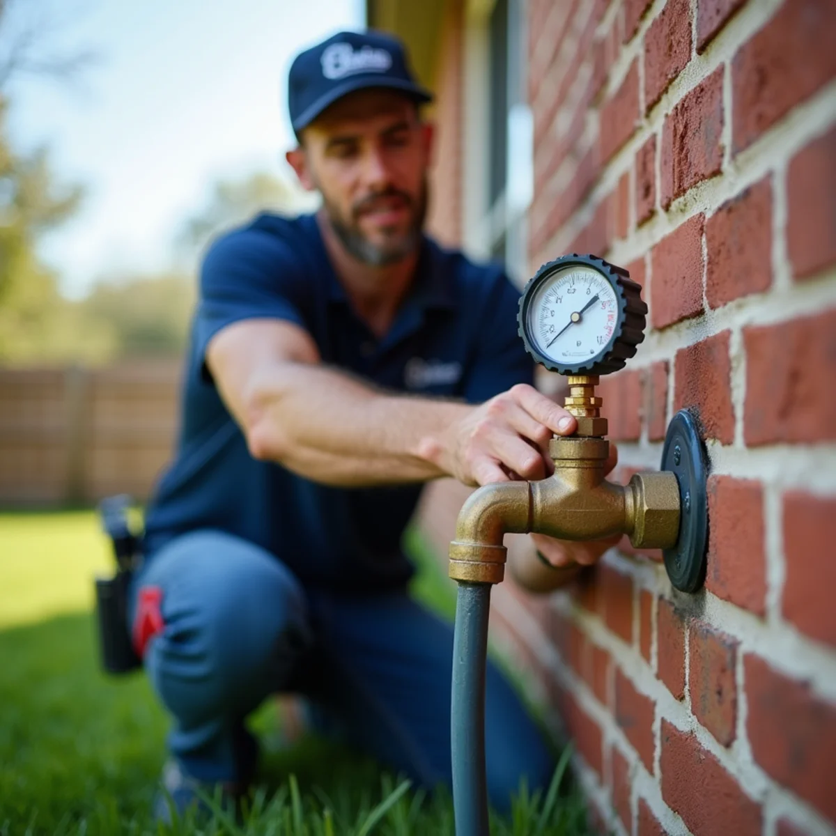 Plumber testing domestic water pressure with brass gauge at outdoor spigot in Red Oak Texas