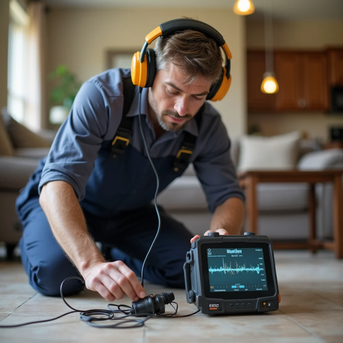 Plumbing technician using electronic acoustic ground listening microphone on tile floor for slab leak detection